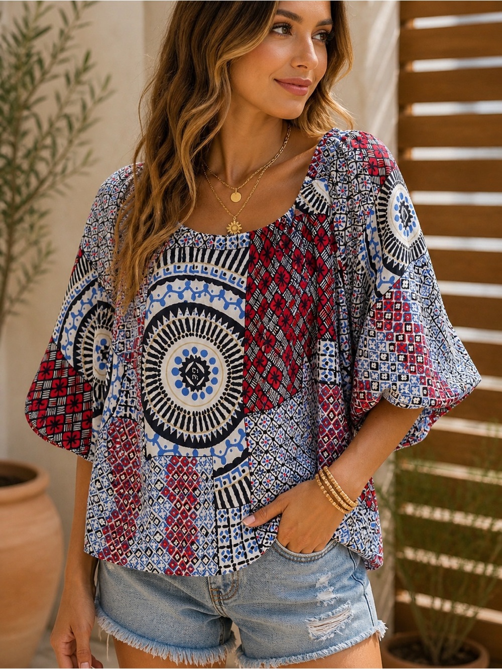 Cato- Patterned Women's Top - Red, Blue, White XL balloon sleeves